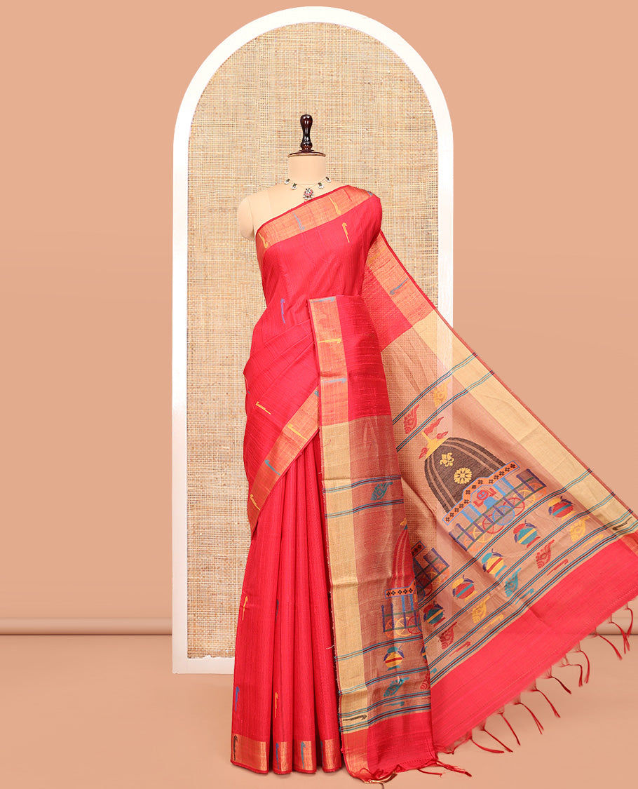 Red Dupion Silk Saree, Bedecked with Muniya Buttas, a Muniya Border, Pallu Depicts Colorful Designs, and a Matching Blouse