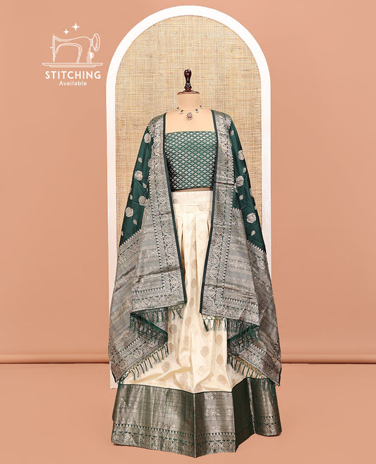 Cream-Green Art Silk Half Saree, Embellished with Zari Buttas Skirt, Contrast Traditional Border, Jacquard Blouse, and a Contrast Banaras Dhavani