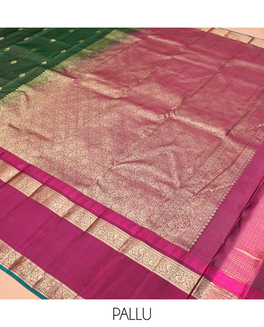 Dark Green-Magenta Vasundhara Silk Saree Features Zari Buttas and Checks,Contrast Thazampoo Rekku Rettai Pettu Mayil Border, Grand Pallu, and Contrast Blouse