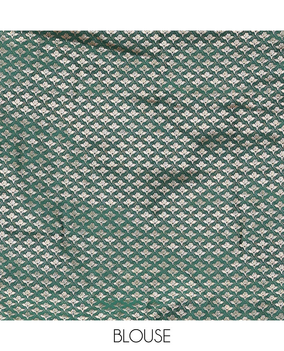 Cream-Green Art Silk Half Saree, Embellished with Zari Buttas Skirt, Contrast Traditional Border, Jacquard Blouse, and a Contrast Banaras Dhavani