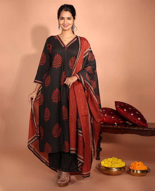 Black Cotton Readymade Suit