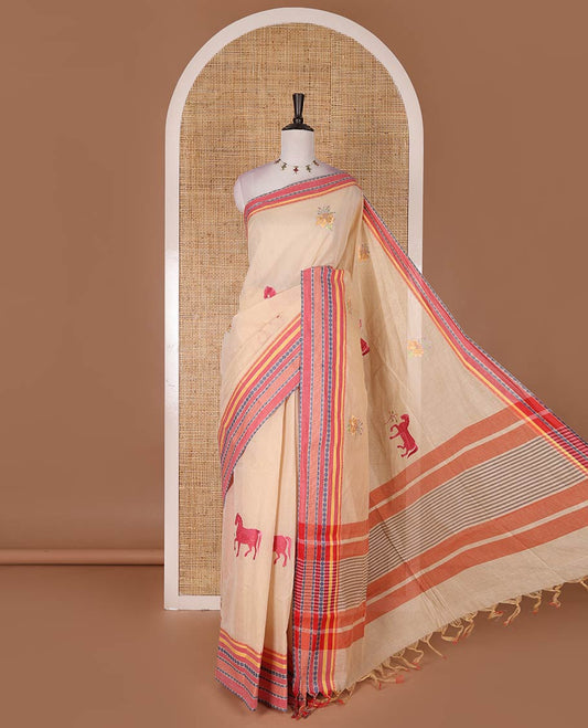 Chikku and red flora-fauna motifs thread embroidered Mangalagiri cotton saree, contrast traditional thread border, striped pallu, and contrast traditional border blouse