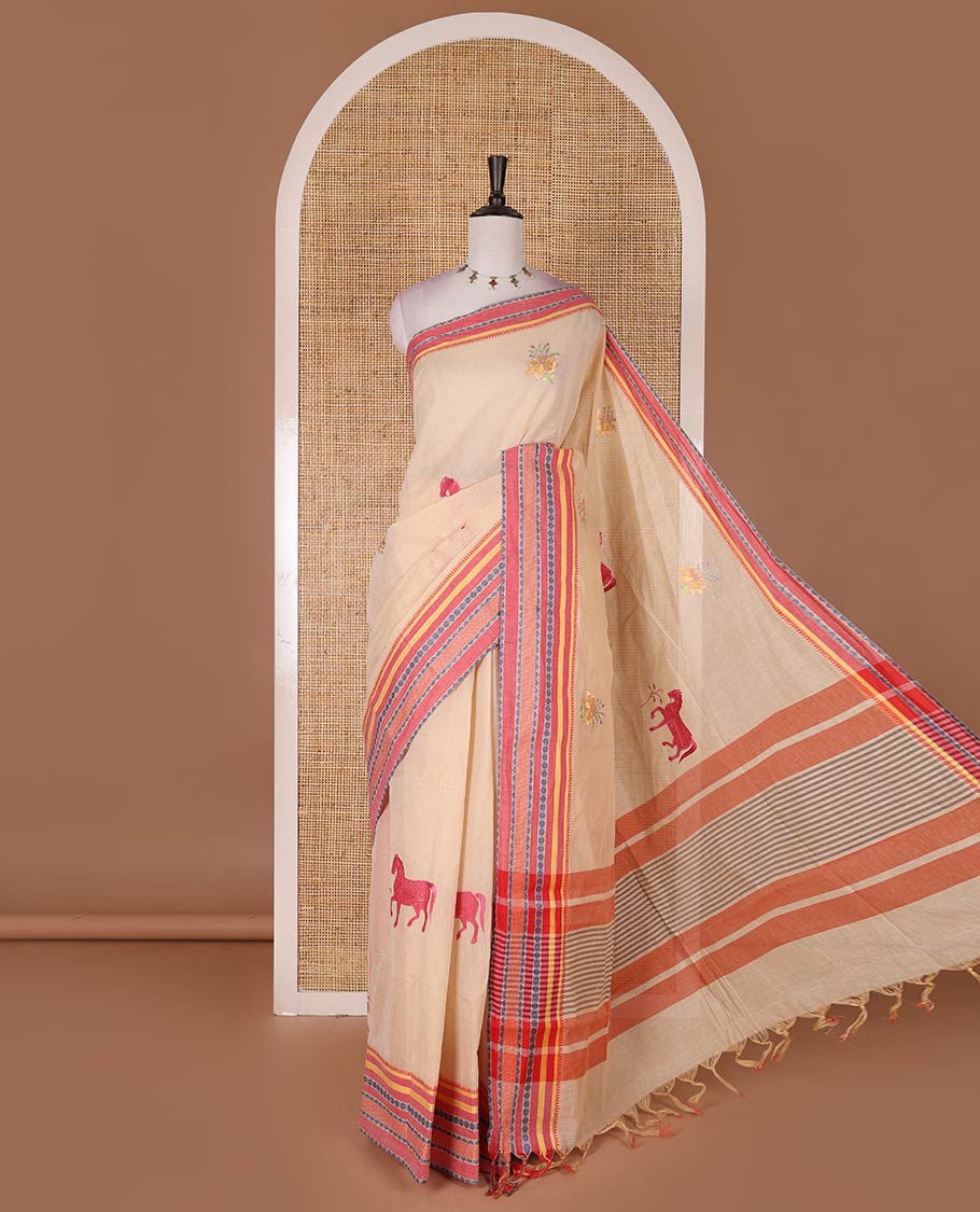 Chikku and red flora-fauna motifs thread embroidered Mangalagiri cotton saree, contrast traditional thread border, striped pallu, and contrast traditional border blouse