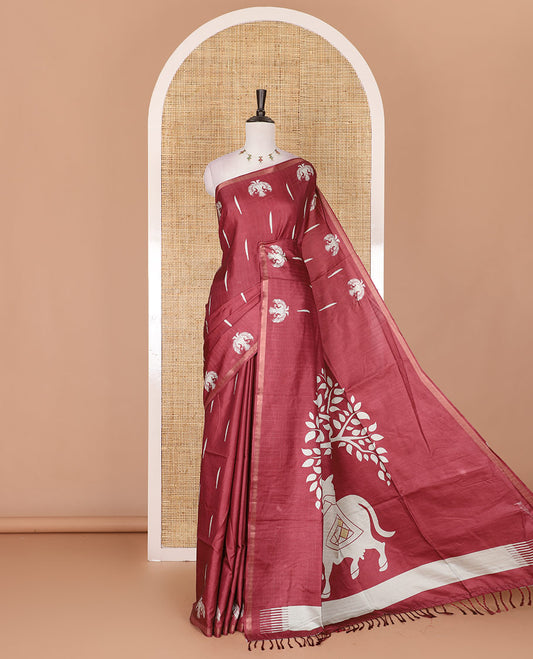 Maroon jasmine bud motifs printed kathan silk saree, double-headed eagle motif zari piping border, pichwai cow printed pallu, and floral printed blouse