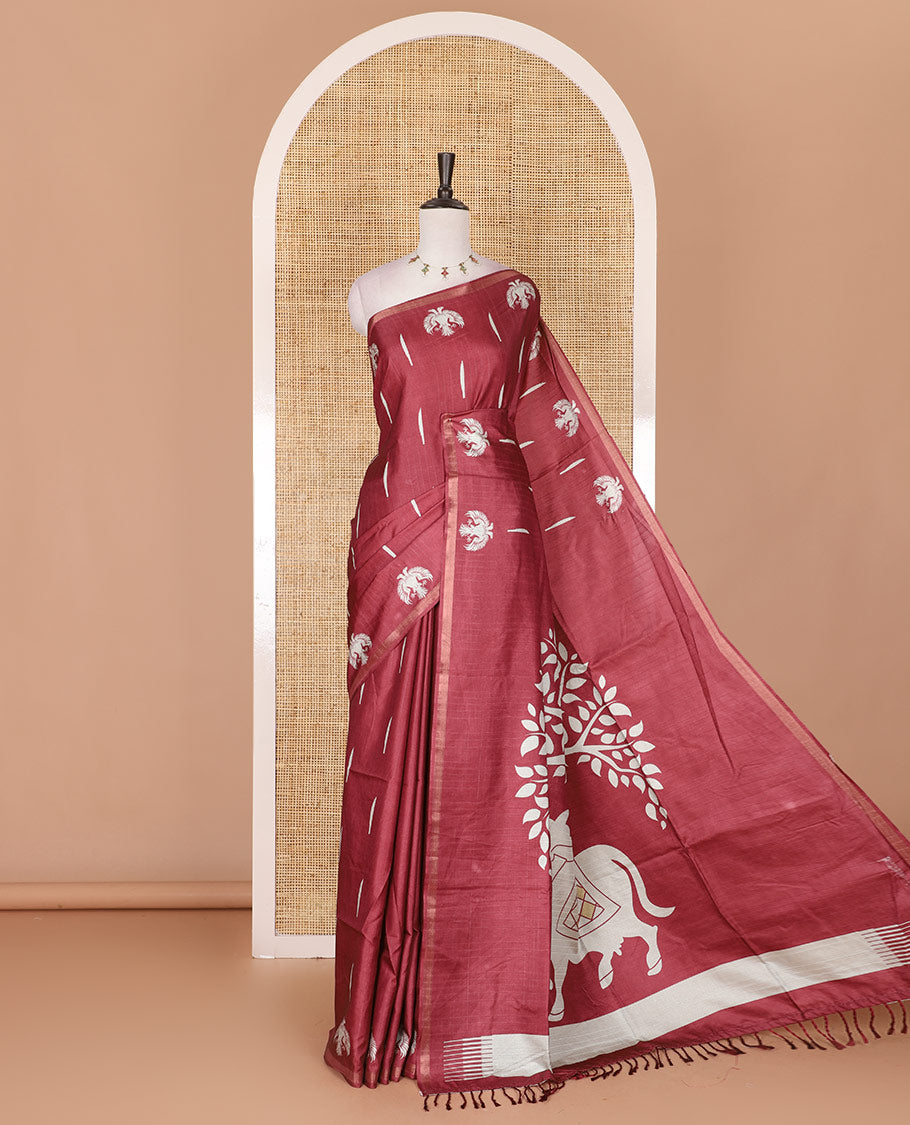 Maroon jasmine bud motifs printed kathan silk saree, double-headed eagle motif zari piping border, pichwai cow printed pallu, and floral printed blouse