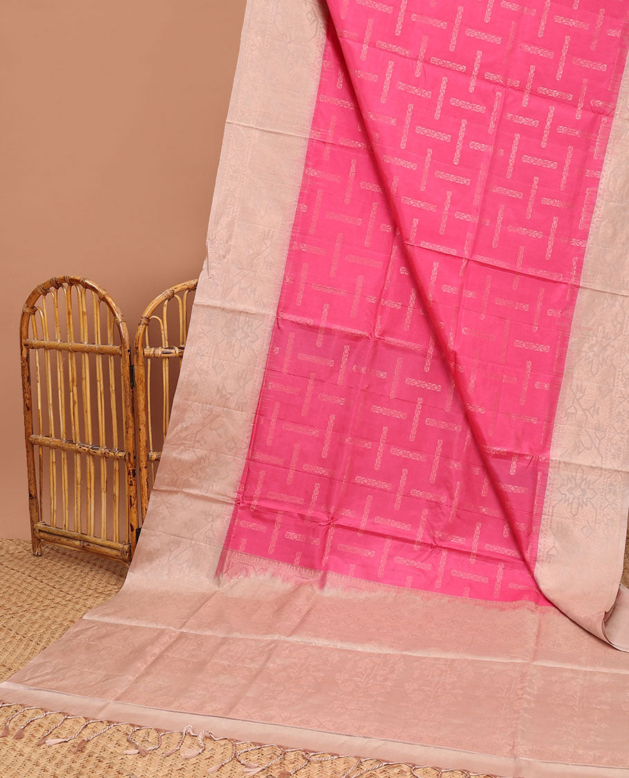 Pink soft silk saree with buttas, contrast border & pallu of patola-style designs