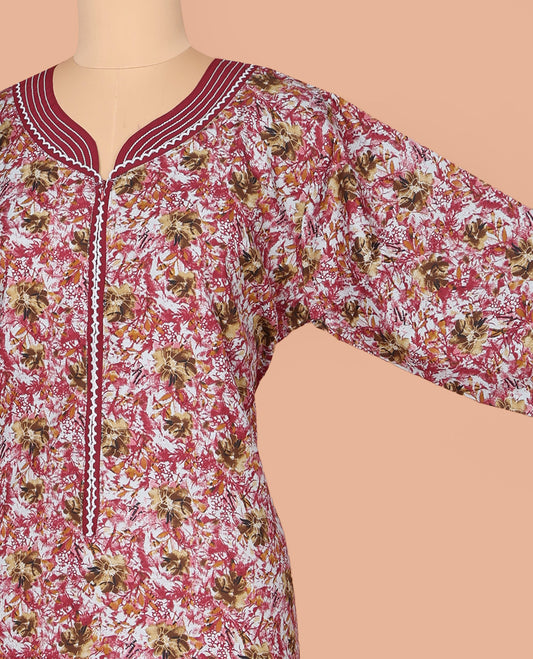Wine Cotton Nighty Bedecked with Floral Print, Featuring Lace Work, Unique Front Neck, and 3/4th Sleeves