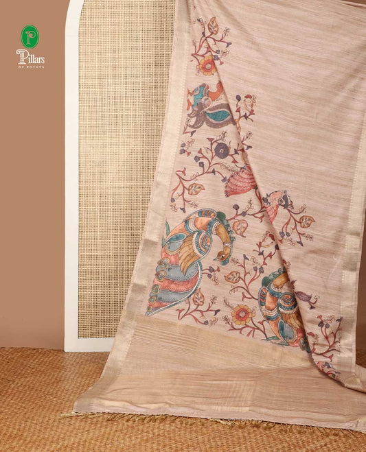 Chikku color kalamkari print kicha tussar saree with zari katti border & cheer pallu along with self plain blouse