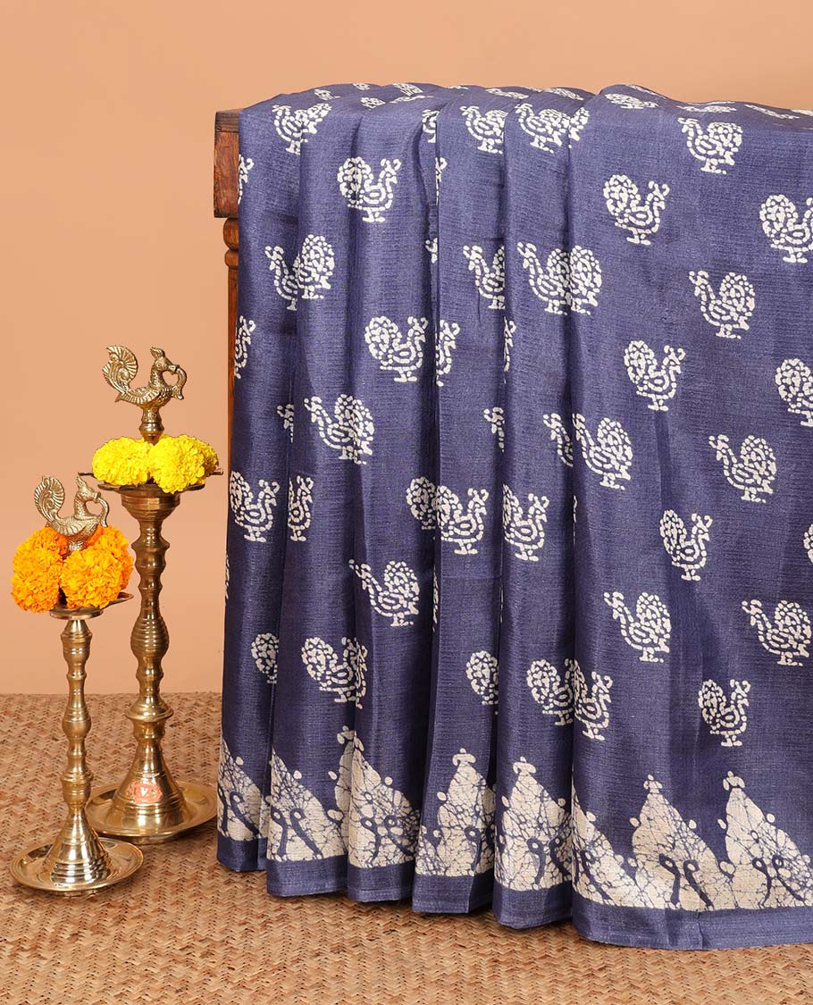 Blue all-over pathik peacock print semi Khadi silk saree with pathil temple border & printed rich pallu along with printed blouse