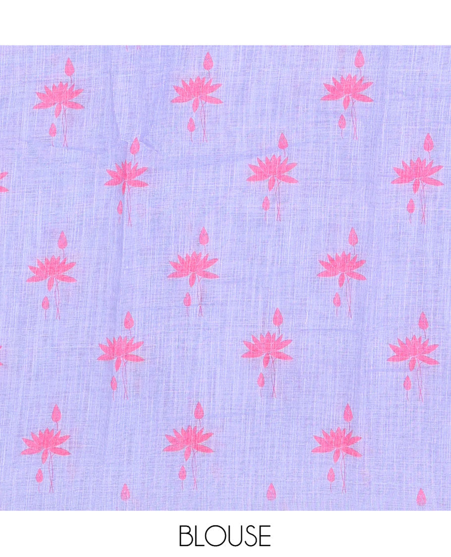 Borderless Lavender Linen Cotton Saree Features Lotus Print, a Self-Pallu, and a Matching Blouse