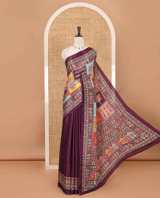 Purple geometric patterns multi-hue printed & mirror embroidered half-&-half masakali saree, printed border & pallu of  embroidery work & plain blouse