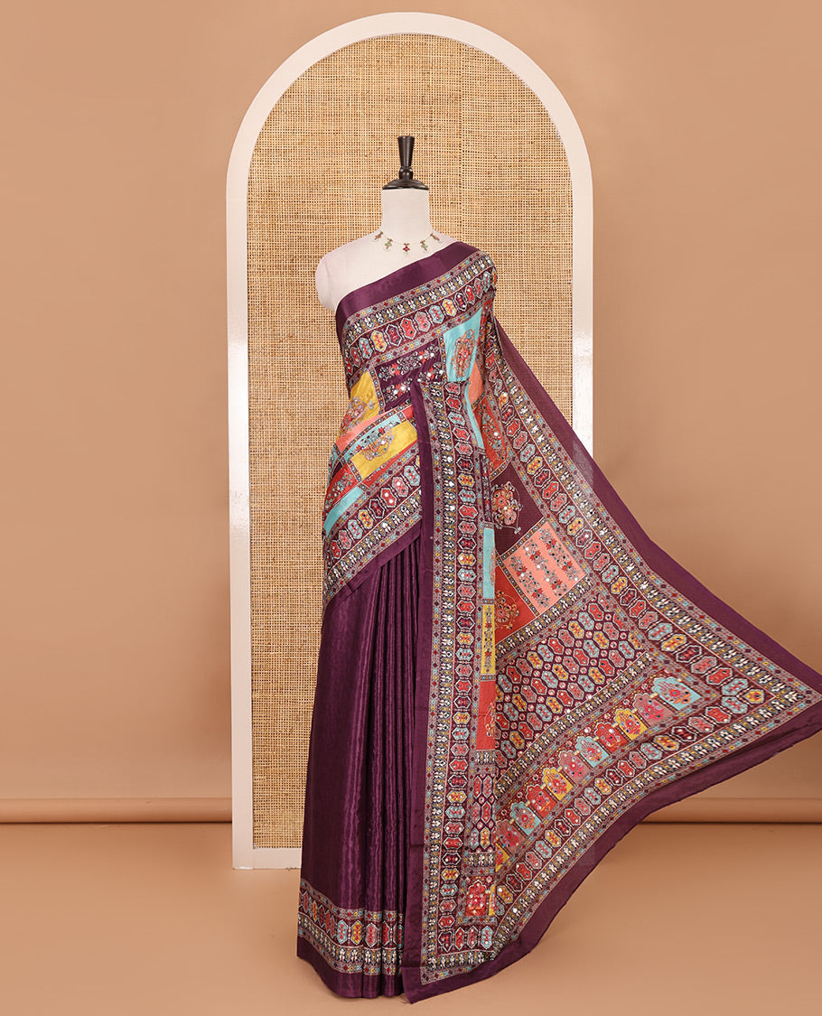 Purple geometric patterns multi-hue printed & mirror embroidered half-&-half masakali saree, printed border & pallu of  embroidery work & plain blouse