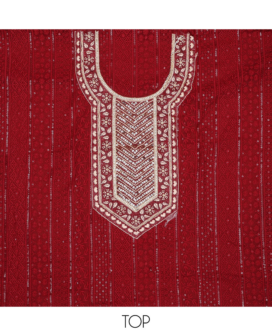 Red chudidhar material set , floral bead, sequins work top, plain bottom & floral sequins with scallop border dupatta