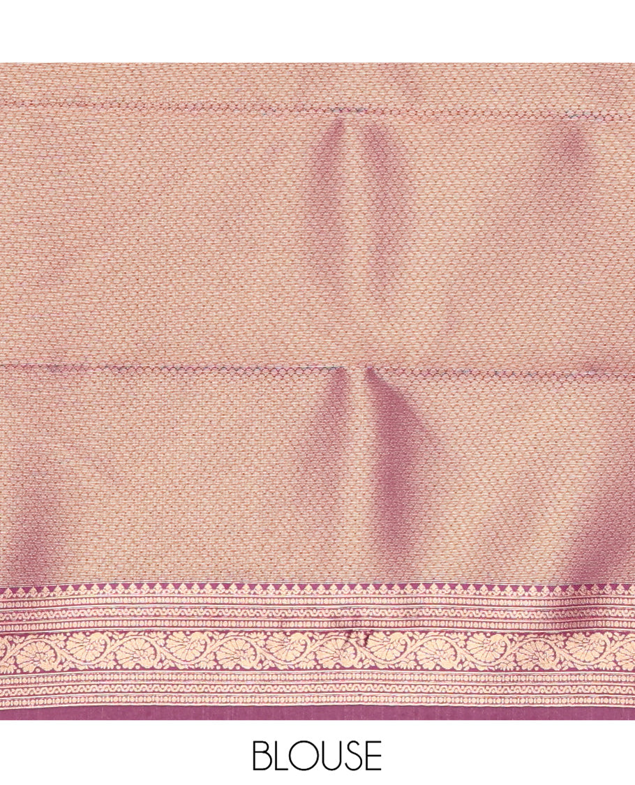 Cream-Purple Embossed Art Kanchi Silk Saree, a Contrast Traditional Zari Border, Grand Jaal Pallu, and a Contrast Blouse