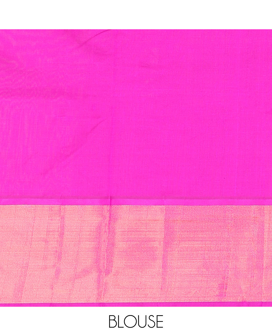 Green Kuppadam Cotton Saree, Beautified with Zari Buttas All Over Its Body, Complemented by a Bavanji Border, Pallu of Ogee Patterns, and Paired with a Contrast Blouse