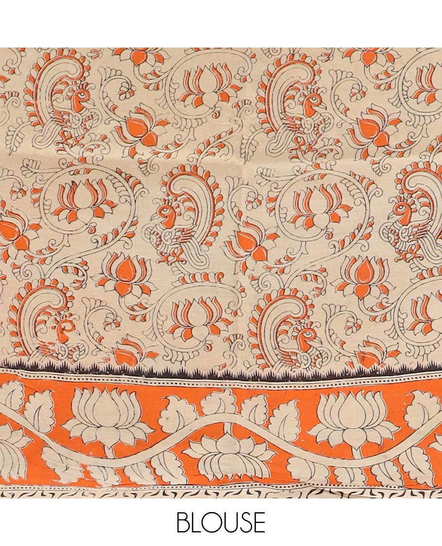 Green floral vine design machine printed kalamkari cotton saree with contrast floral border & peacock,floral design pallu
