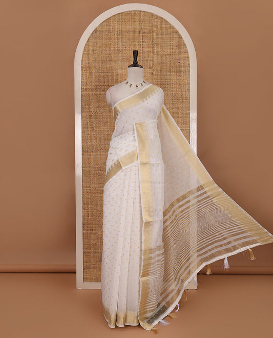 Cream zari buttas Mercerised cotton saree, traditional zari temple border, zari striped pallu & small gold butta blouse