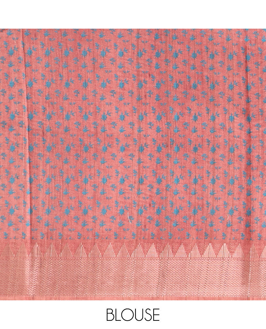 Red  floral design semi-banaras tussar saree with self temple zari border & floral design pallu