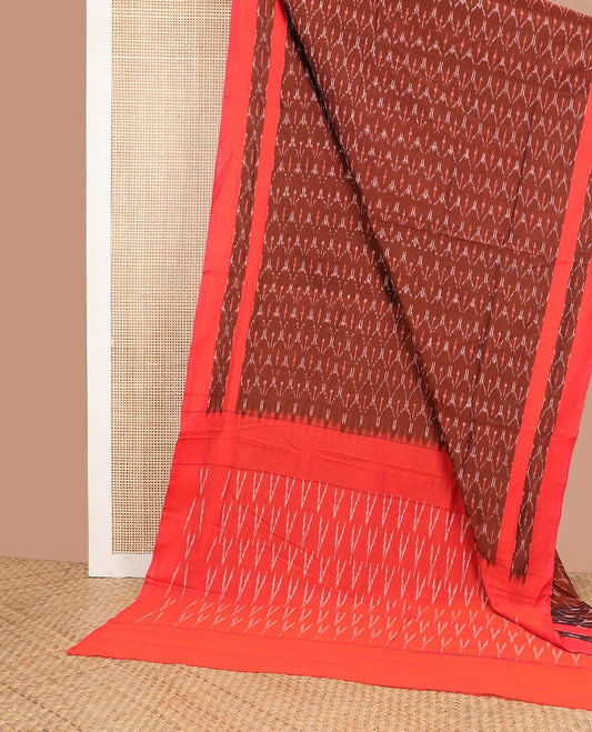 Brown ogee design ikkat cotton saree with contrast floral border & arrow design pallu