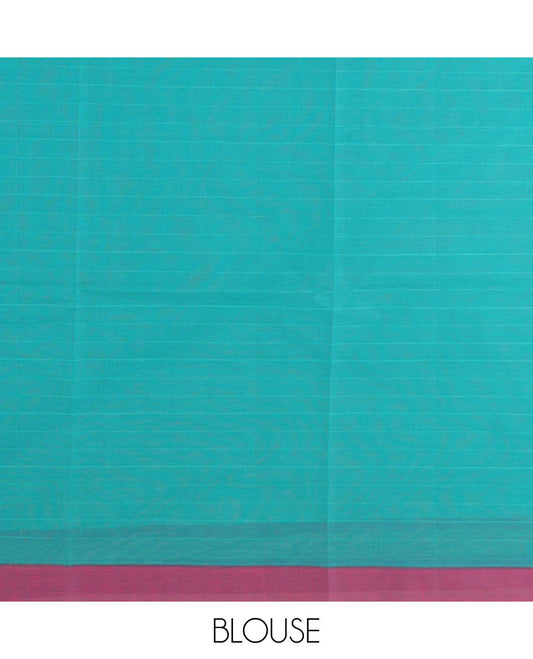 Turquoise-striped Coimbatore cotton saree with buttas, contrast plain border & paisley design pallu