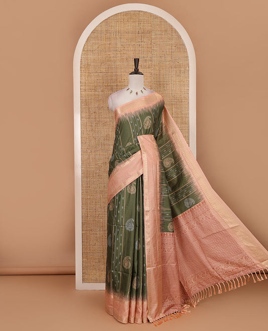 Olive green floral, manga and striped katan silk saree, contrast rettai pettu temple border of diamond and Greek key design, jaal pallu, and contrast printed blouse