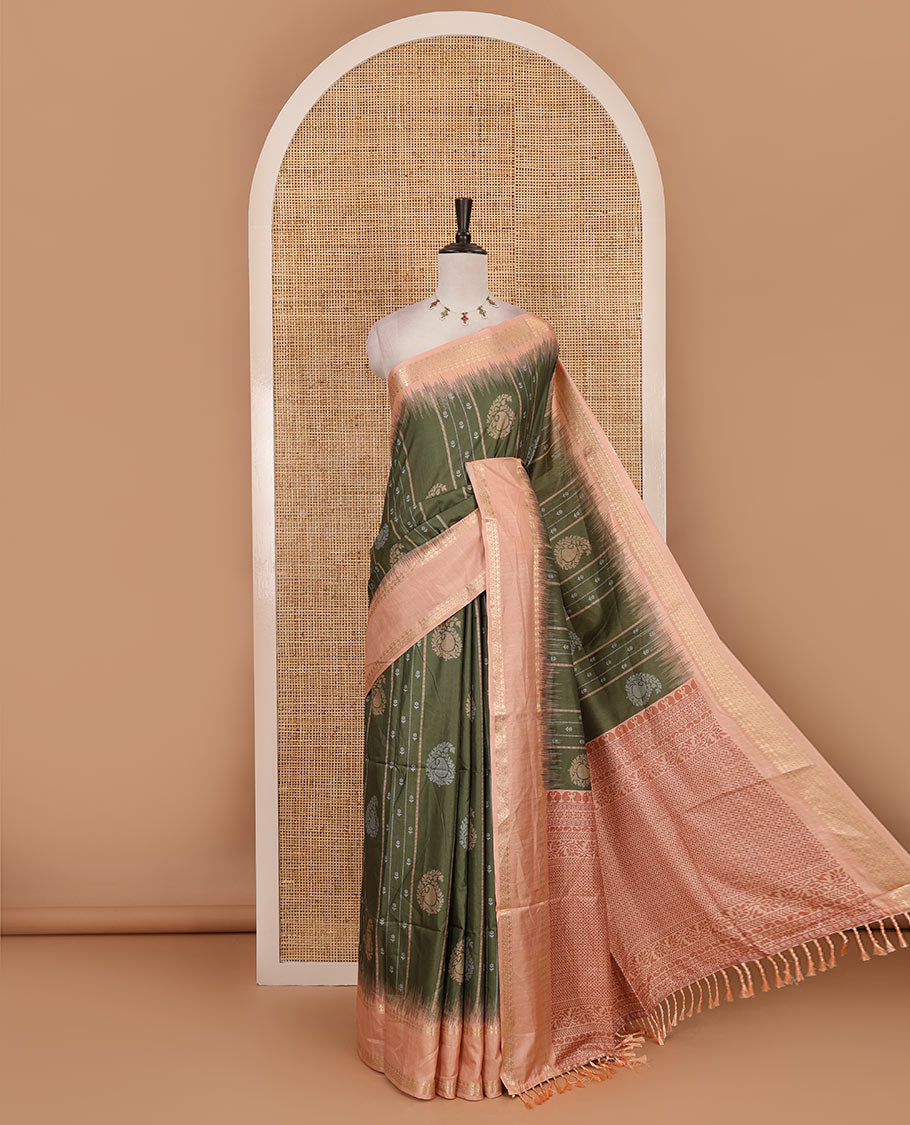 Olive green floral, manga and striped katan silk saree, contrast rettai pettu temple border of diamond and Greek key design, jaal pallu, and contrast printed blouse