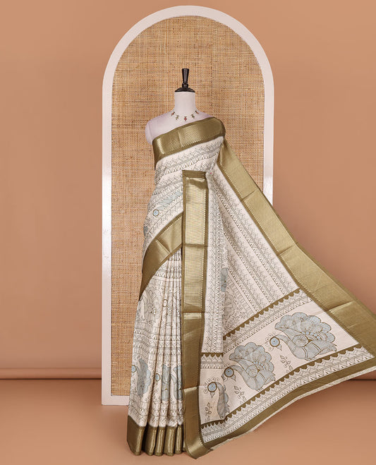 Cream-green flora, fauna, and geometric madhubani printed soft tussar saree, contrast zari border, peacock print pallu, and printed blouse