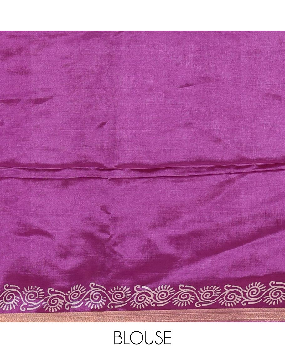 Purple intricately batik printed banana pith saree, zari piping border, floral creeper printed pallu, and a matching batik printed blouse