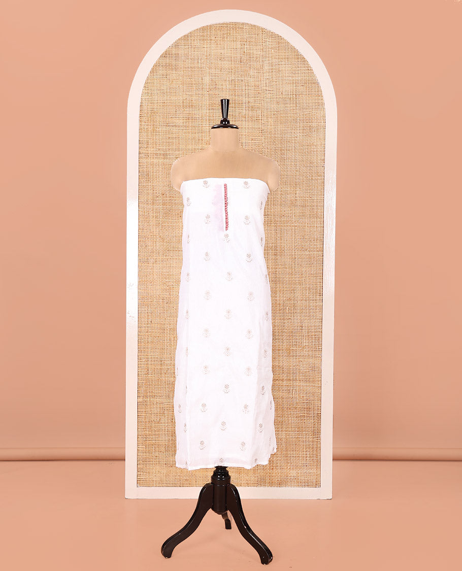 Cream with Pink Vichitra Silk Material Chudidar Set, Elevated with Gold Zari Buttas On Its Top, a Plain Santoon Bottom, and Comes with a Floral Vine Sequins Embroidered Dupatta