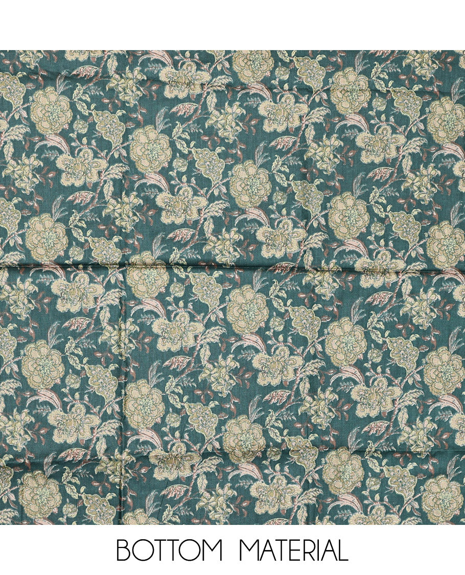 Green Cotton Material Chudidar Set, Adorned with Floral Motifs Block Print, and Neck Embroidery on Its Cotton Top, a Floral Printed Bottom, and Paired with Chevron Printed Cotton Dupatta