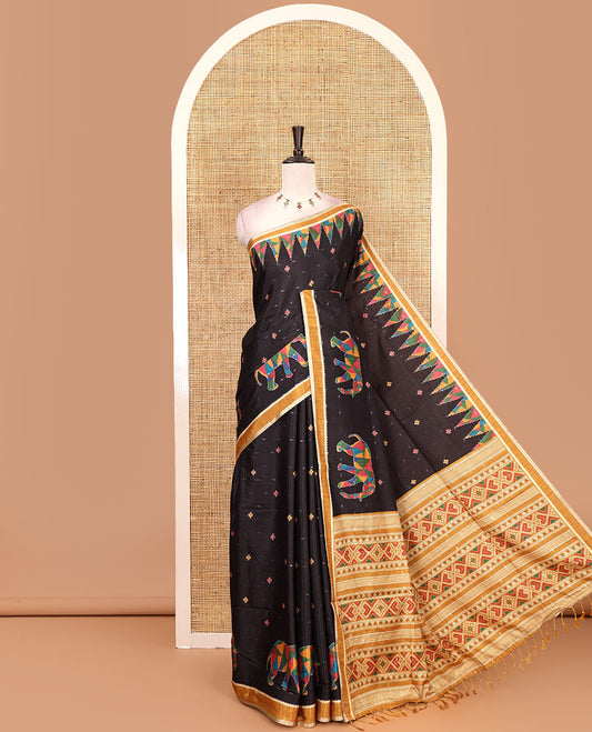 Black buttas & kaleidoscope color elephant motifs printed katan silk saree, contrast multi-hue temple motif border, ikkat geometric print pallu & contrast printed blouse