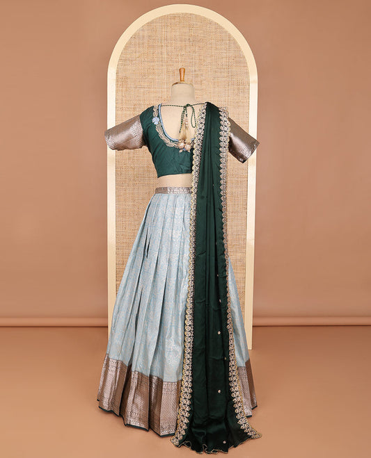 Grey floral art silk half saree with contrast zari design border, embroidered blouse & floral embroidery dhavani