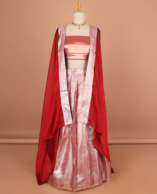 Red floral jacquard half saree with self floral zaei design border , zari design blouse & plain, zari design border dhavani