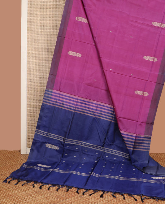 Pink Banana Pith Saree, Beautified with Unique Buttas All Over Its Body, Complemented by a Contrast Border, Vibrant Pallu Depicting Buttas, and Paired with a Contrast Blouse