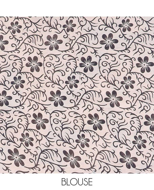 Blue floral vine machine-printed kalamkari cotton saree, floral border & pallu of floral & swam motifs