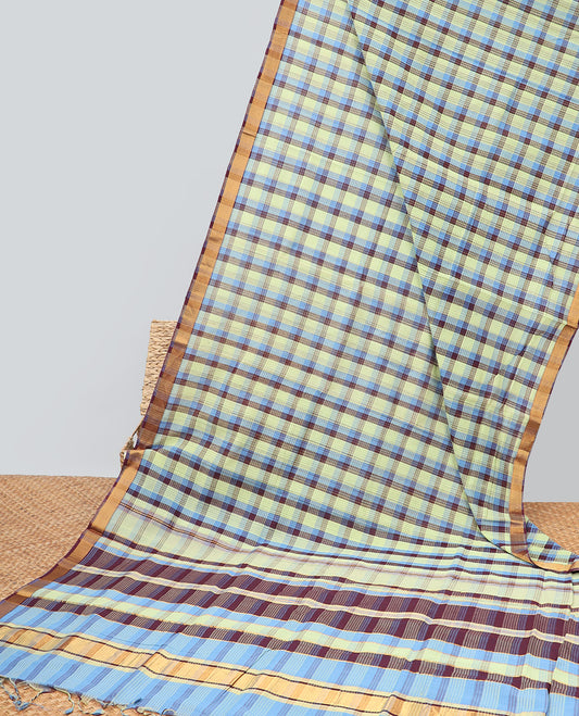 multi-color checked mangalagiri cotton saree contrast striped border & checked pallu