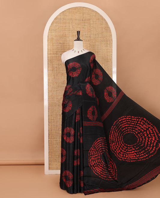 Borderless black Shibori-style circle motifs printed Turkey crepe saree, Shibori printed pallu & small buttas printed blouse