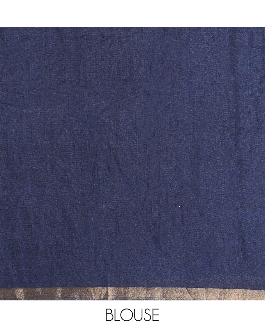 Indigo Blue Muslin Cotton Saree, Elevated with Flora-Fauna Motif Enclosed Checks on Its Body, a Subtle Zari Border, Striped Pallu, and Paired with a Matching Blouse