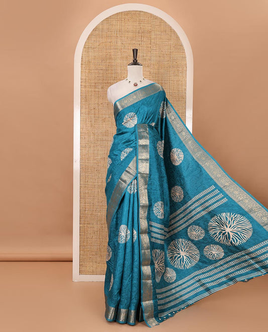 Peacock blue shibori printed fancy tussar saree, traditional zari border, shibori printed pallu & matching printed blouse with zari border