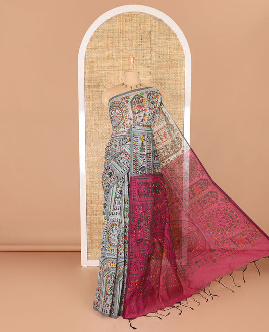 Borderless grey and pink Warli village printed khadi mul cotton saree, contrast Warli motifs printed pallu, and a plain blouse