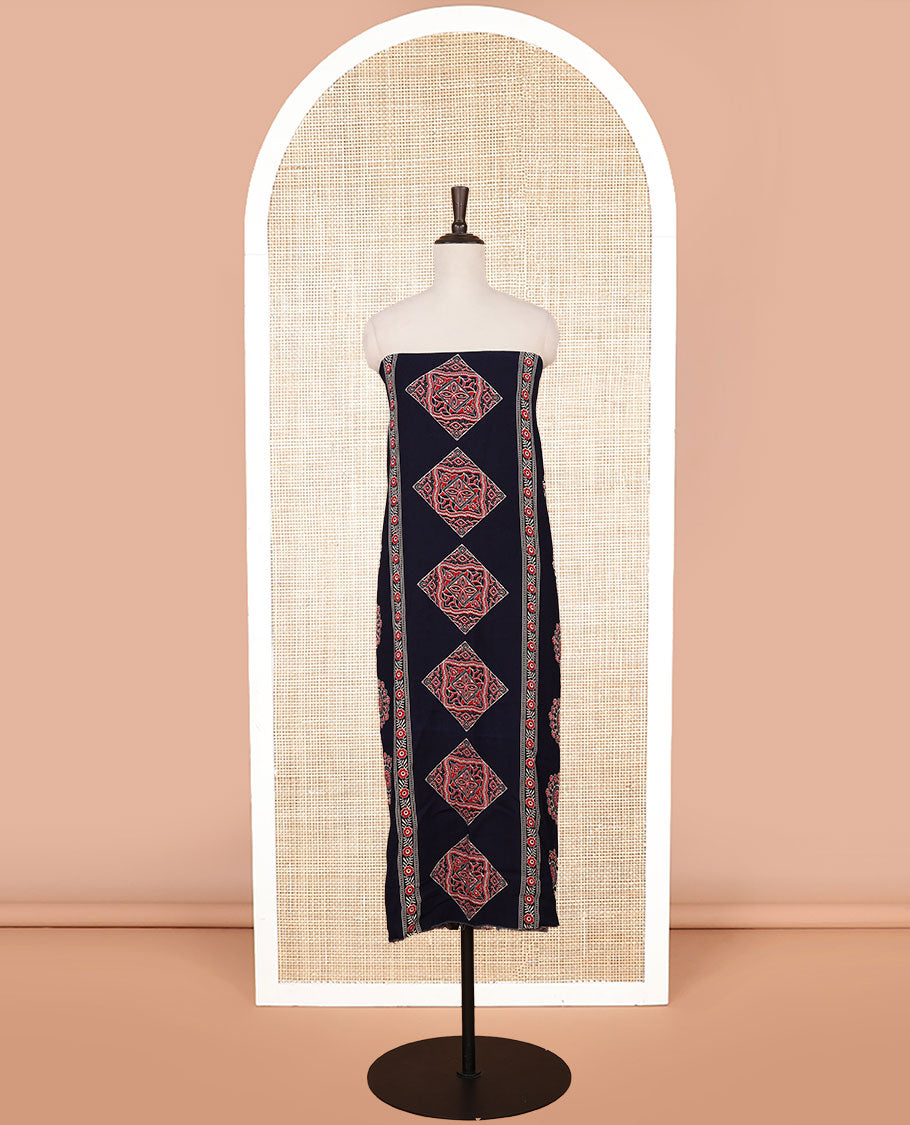 navy blue ajrak print rayon chudidhar material top with rayon material printed pant & mul mul votton ajrak printed dupatta