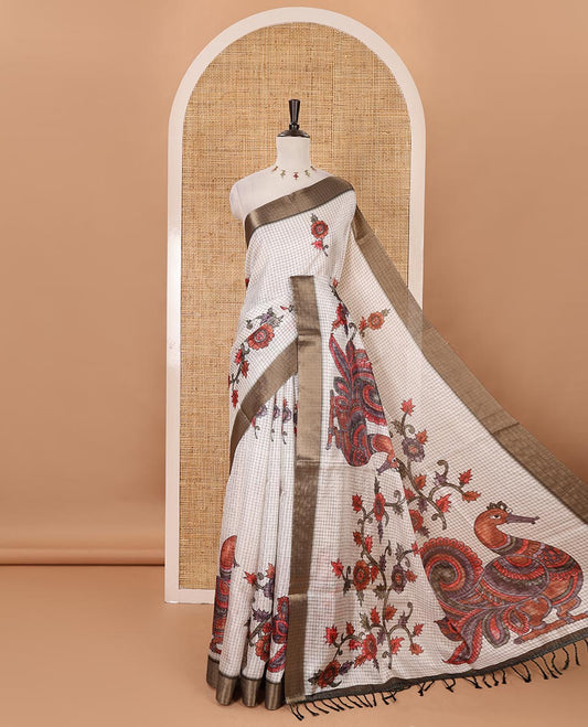 Half-white micro-checked kalamkari floral peacock printed tissue organza saree, contrast zari border, kalamkari printed pallu & contrast printed blouse