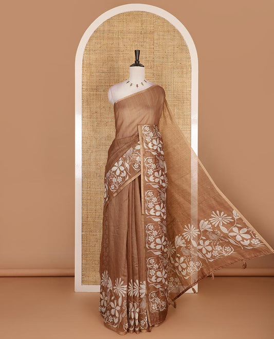 Brown plain Chanderi silk saree, floral vine, and sparrow motifs printed skirt border, and pallu, floral motifs printed blouse