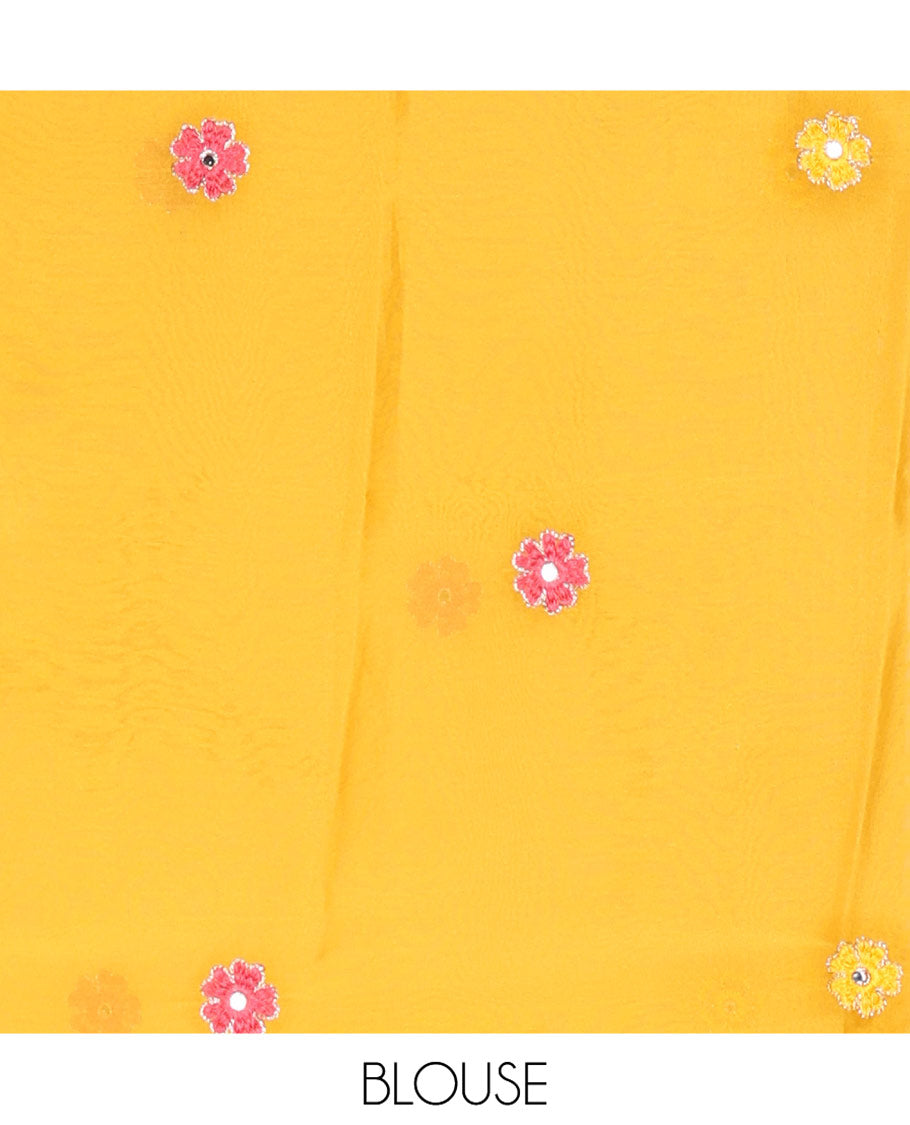 White Rangoli Chiffon Saree, Artfully Embroidered with Floral Motifs in Thread and Stone Work On Its Body, Subtly Sparkled with Lace Border, a Self-Pallu, and Paired with a Contrast Floral Embroidered Blouse