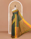 Olive green-mehendi green plus-shaped buttas steeped semi-soft silk saree, contrast satin border of stripes, striped pallu, and contrast blouse