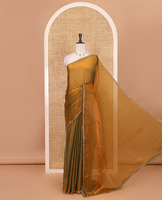 Mehendi green full-plain fendy chiffon saree, hand kardana embroidered border & contrast red plain blouse with kardana embroidered border