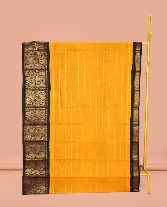 Yellow Sungudi Cotton Saree, Accentuated with Stripes on Its Body, Complemented by a Contrast Border of Round Peacock and Floral Vine Designs, Zari Striped Pallu, and Has No Blouse