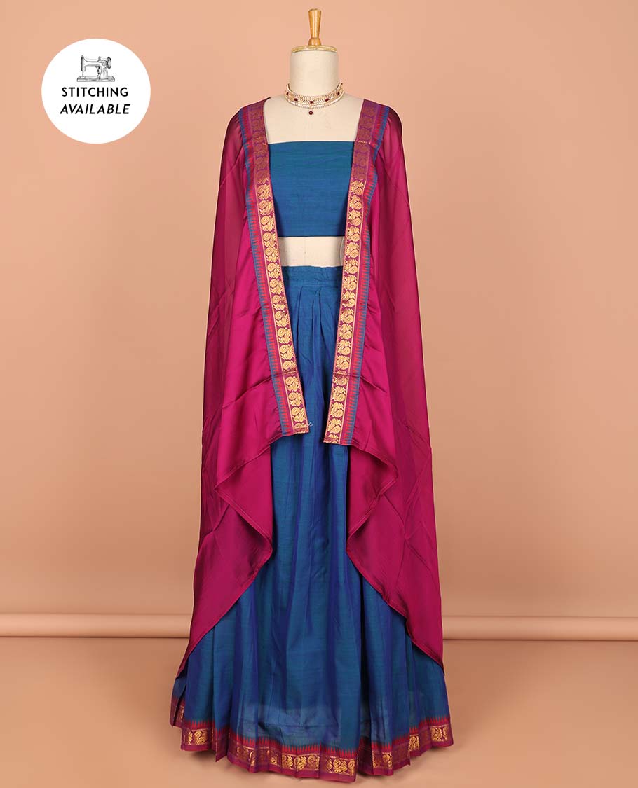 Blue cotton half saree with contrast zari border, plain blouse & plain with peacock zari border dhavani