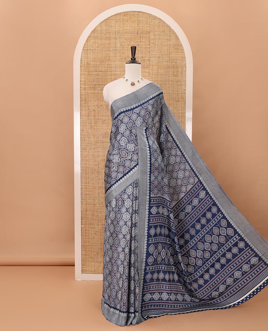 Blue Ajrakh-printed turkey crepe saree, printed border, Ajrakh-printed pallu & small buttas printed blouse
