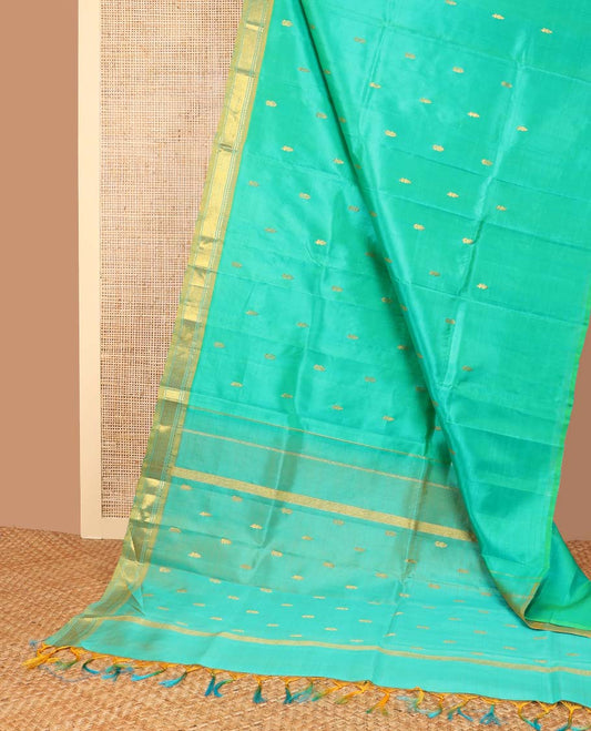Sea blue buttas kancheepuram silk saree with contrast intricate zari design border & floral zari design pallu